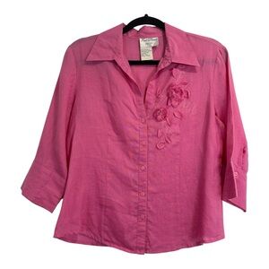 Fred David Petite Pink Linen Button Front 3/4 Sleeve Floral Embroidered Blouse